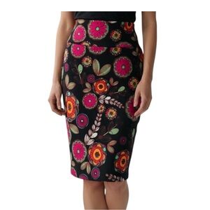 LulaRoe Cassie Black with Geometric Neon Floral Pattern Pencil Skirt S
